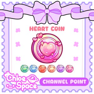 May include: A circular digital illustration labeled HEART COIN featuring a central pink heart icon with smaller hearts and sparkles. Below, six smaller circular icons in green, blue, red, orange, purple, and pink are displayed. The text CHANNEL POINT appears.