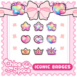 May include: A collection of nine colorful badges featuring star, heart, and crown shapes with iridescent finishes. The badges are arranged in a grid on a white background with a pink border. The text Chloe Space ICONIC BADGES is visible.