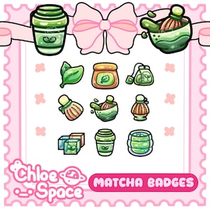 May include: A collection of matcha-themed stickers featuring green tea leaves, tea bags, bamboo whisks, bowls, and cups. The set includes various illustrations of matcha preparation tools and ingredients, all displayed on a light pink background with the text Chloe Space Matcha Badges.