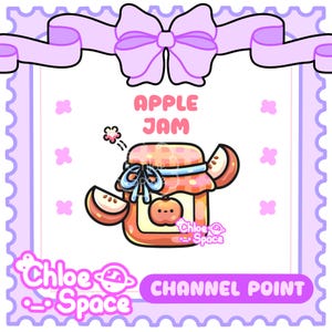 May include: A digital illustration of a jar of apple jam with a checkered lid, a blue ribbon, and two apple slices. The text reads APPLE JAM and CHLOE SPACE CHANNEL POINT. The design is framed by a light purple border with a large bow at the top.