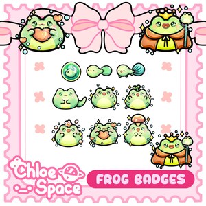 May include: A collection of digital frog badges featuring various green frog characters in different poses, including a frog king with a crown and cape, frogs with hearts, mushrooms, and flowers, with the text Chloe Space FROG BADGES.