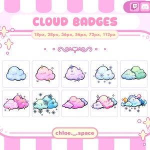 May include: A pink and white graphic with the text "CLOUD BADGES" and cloud illustrations. The image displays various cloud designs in different colors, including blue, pink, and green, with sizes ranging from 18px to 112px. The creator's username, "chloe._space", is also visible.