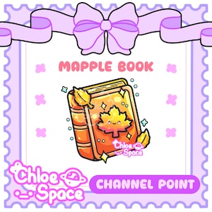 May include: A digital illustration of a book titled MAPPLE BOOK, featuring an orange cover with a smiling maple leaf graphic, surrounded by small yellow leaves and sparkles, framed by a light purple border with a bow and the text CHANNEL POINT.