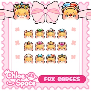 May include: A collection of twelve small fox head badges featuring various accessories like crowns, flowers, and bows. The design includes a large pink bow at the top and the text Chloe Space Fox Badges at the bottom, all set against a light pink frame.
