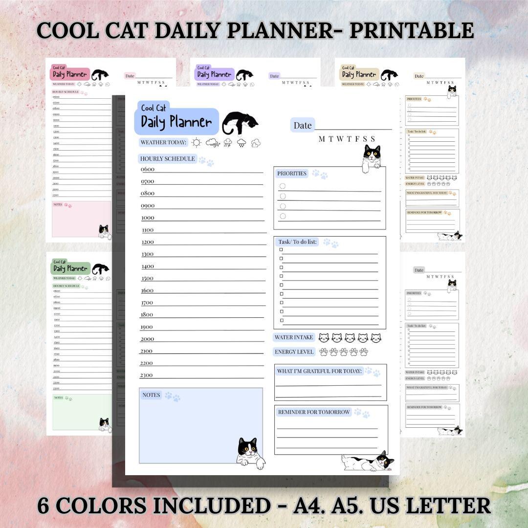 Cool Cat Daily Planner Printable - Multiple Colors Included I A4, A5 ...