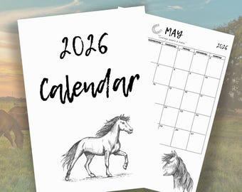 Calendario stampabile del cavallo 2026 / Calendario da parete rustico del cavallo da cowboy / Calendario degli animali dell'anno del cavallo A4 A5 PDF
