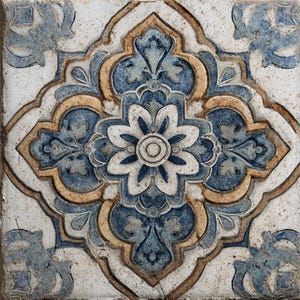 May include: Square ceramic tile with a raised floral design. The tile features a central flower with white petals and a blue center, surrounded by blue and tan decorative elements on a white background.
