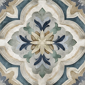 May include: A square tile with a symmetrical floral design. The design features a central flower with layered petals in beige and cream, surrounded by stylized leaves in shades of blue, green, and gray. The tile has a textured, aged appearance.