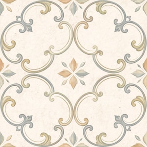May include: A repeating pattern featuring a cream-colored background with ornate, swirling scrollwork in muted tones of blue, gold, and peach. The design includes stylized floral elements, creating a vintage or classic aesthetic. The overall look is reminiscent of decorative tiles or wallpaper.