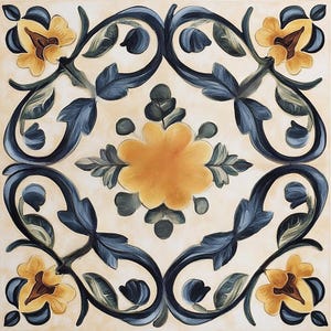 May include: Square tile with a floral design. The tile features a cream-colored background with a symmetrical pattern of yellow flowers, dark blue leaves, and swirling vines. The flowers have brown centers.