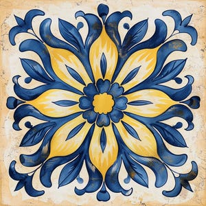 May include: A square tile with a floral design in shades of blue and yellow. The flower has a central yellow circle surrounded by yellow petals and blue leaves. The background is a light beige with a distressed texture.