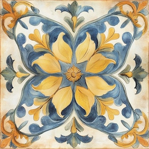 May include: Square tile with a symmetrical floral design. The design features large yellow flower petals, blue leaves, and gold accents on a cream-colored background. The tile has a vintage, hand-painted appearance.