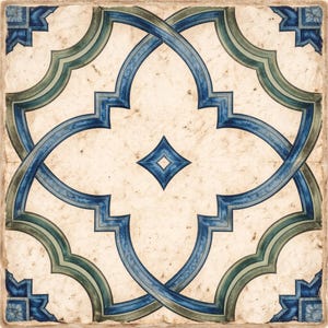 May include: Square tile with a repeating geometric pattern in shades of blue and green on a cream background. The design features interlocking arcs and a central diamond shape, with corner accents. The tile has a distressed, aged appearance.