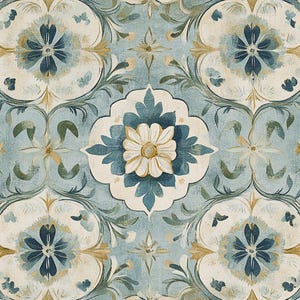 May include: A seamless pattern featuring a repeating floral design. The pattern showcases stylized flowers in shades of blue, cream, and gold against a light blue background. The design has a watercolor effect, with soft edges and a vintage aesthetic.