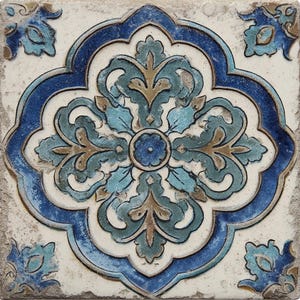 May include: Square ceramic tile with a floral design in shades of blue, teal, and brown against a white background. The tile features a central flower motif surrounded by a four-lobed border and corner accents, with a distressed, aged appearance.