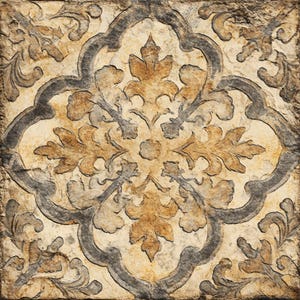 May include: Square tile with a distressed, aged appearance. The design features a central floral motif in shades of tan and brown, framed by a dark gray border. The tile has a textured surface, suggesting a stone or concrete material.