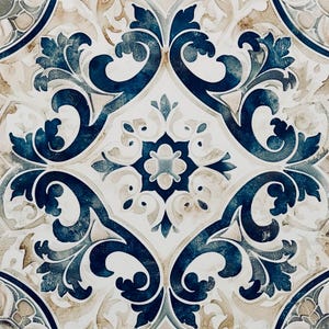 May include: Close-up of a decorative tile with a repeating pattern. The design features a symmetrical arrangement of blue, beige, and white floral and scrollwork elements. The tile has a vintage or antique aesthetic.