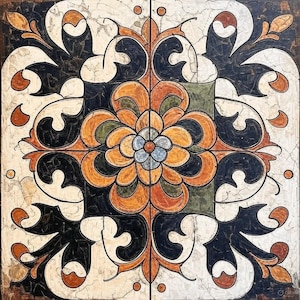May include: Square decorative tile with a floral design. The tile features a central flower in shades of orange, blue, and green, surrounded by black and white scrollwork. The background has a distressed, crackled effect.