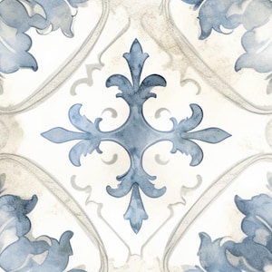 May include: A square tile with a repeating pattern. The design features a central blue fleur-de-lis shape surrounded by stylized blue and gray floral elements on a white background. The tile has a watercolor effect.