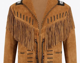 Chaqueta vaquera con flecos de ante para hombre / Abrigo de cuero vaquero hecho a mano