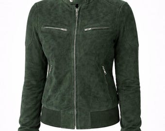 Women Biker Suede Jacket Green Leather Moto Slim Fit Zip Up Vintage Style Casual