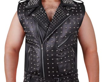 Men’s Studded Leather Vest Punk Rock Spiked Biker Jacket Gothic Sleeveless