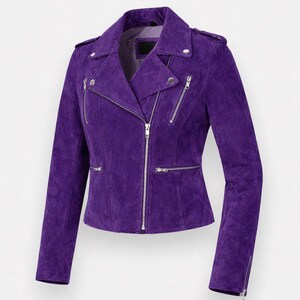 May include: A striking purple suede biker jacket. It has a notched collar, an asymmetrical zip, and multiple zipped pockets. The jacket is finished with silver hardware and has long sleeves. The fit is tailored.