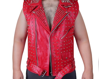 Men's Red Leather Biker Vest: Spiked Punk Rock Moto Jacket