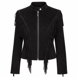 May include: A black suede jacket featuring a stand-up collar with a single snap button, a full-length silver-tone front zip, and long fringe detailing that extends from the shoulders across the chest and down the sleeves to the hemline.