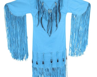 Handgefertigtes Blaues Leder Fransenkleid: Boho Western Cowgirl Kostüm