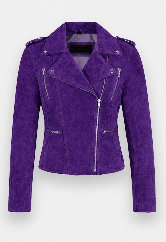 Women Suede Jacket Purple Biker Style Leather Moto Zip Fitted Fashion Trendy Outfit
