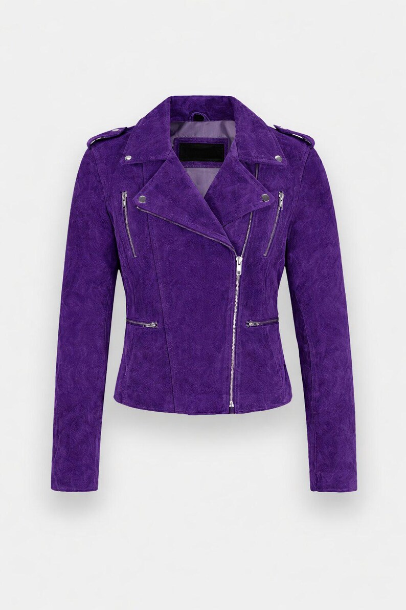 May include: A striking purple suede jacket with an asymmetrical zip. It has a notched collar, multiple zipped pockets, and silver-tone hardware. This long-sleeved jacket is a fashionable outerwear choice.