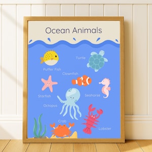 Ocean Animals Poster for Kids, Sea Life Wall Art, Educational Nursery Print, Montessori Classroom Decor, Playroom Artwork, Cute Marine Life