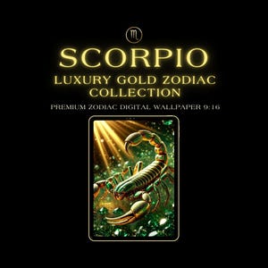 May include: A digital wallpaper featuring a detailed illustration of a scorpion in shades of green and gold. The image is set against a backdrop of sparkling green gems and golden light rays. Text at the top reads "SCORPIO LUXURY GOLD ZODIAC COLLECTION".