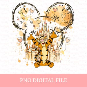 May include: A digital illustration featuring Tigger from Winnie the Pooh with arms raised in front of a castle. The image includes Mickey Mouse ears, balloons, and the text "PNG DIGITAL FILE" at the bottom. The color palette includes orange, yellow, and brown.