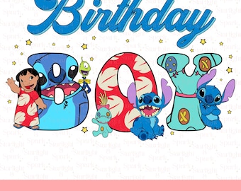 ディズニー スティッチ バースデー PNG、カスタム リロ キッズ パーティー デザイン、楽しいお祝いクリップアート、家族お揃いデジタルアート