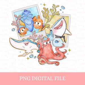 May include: A digital PNG file featuring cartoon illustrations of various sea creatures, including a blue fish, an orange fish, a shark, an octopus, and a stingray. The image includes the text "PNG DIGITAL FILE".