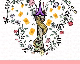 May include: A digital PNG file depicting a tower with Rapunzel's hair, framed by a floral wreath, floating lanterns, and a green chameleon. The tower has a purple roof and is adorned with flowers. The text "PNG DIGITAL FILE" is at the bottom.