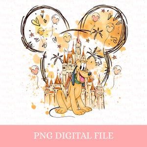 May include: A digital illustration featuring Pluto the dog in front of a castle, with a Mickey Mouse ear outline. The design includes watercolor-style accents, stars, and balloons. The text "PNG DIGITAL FILE" is at the bottom.