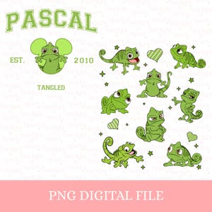 May include: A digital PNG file featuring various green cartoon illustrations of Pascal the chameleon from the movie Tangled. The design includes the word "PASCAL" above the images, with "EST. 2010" and "TANGLED" also present.