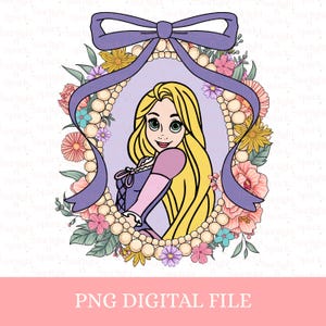 May include: A digital PNG file featuring a cartoon illustration of a woman with long blonde hair, framed by a purple ribbon, pearls, and colorful flowers. The image includes the text "PNG DIGITAL FILE".