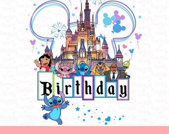 ディズニー スティッチ バースデー PNG、カスタム リロ キッズ パーティー デザイン、楽しいお祝いクリップアート、家族お揃いデジタルアート