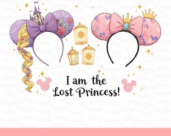 May include: Digital image of two princess-themed mouse ear headbands. One is purple with a bow, castle, and floral details. The other is pink with a bow and crown. Includes lanterns and the text "I am the Lost Princess!"