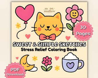 Libro da colorare Sweet Simple Sketches per alleviare lo stress / 30 pagine PNG / Disegni audaci e facili per adulti e bambini con animali, fiori e paesaggi