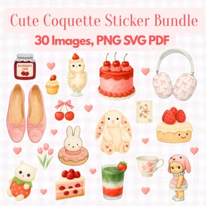 May include: A collection of cute, watercolor-style stickers with a coquette theme. The stickers include pink ballet flats, a bunny, a cake, a cat, a teacup, and other sweet treats. The text "Cute Coquette Sticker Bundle" is at the top.