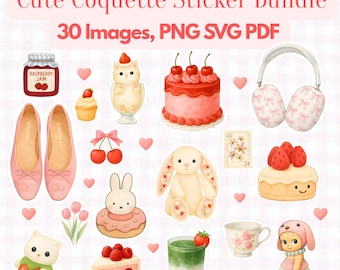 Pacchetto di 30 adesivi carini per ragazze, clipart estetiche civettuole, download digitale in formato PNG PDF, pacchetto di clipart rosa per agende, laptop, artigianato e altro ancora.