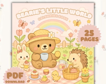 Libro da colorare "Il piccolo mondo di Bearie" in formato PDF, PNG, 25 pagine, scene di animali fantasiosi, download digitale carino e accogliente, stampabile per tutte le età