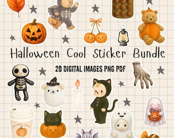 Pacchetto di adesivi fantastici di Halloween - Pacchetto di adesivi carini e spettrali, Clipart / PNG PDF 20 adesivi digitali per planner, album di ritagli e lavoretti