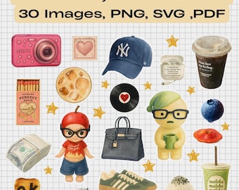 Pacchetto di 30 adesivi alla moda e fantastici: pacchetto di adesivi digitali estetici, clipart (PNG, PDF) per planner, scrapbooking, laptop, artigianato e altro ancora.