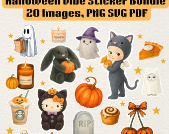 Pacchetto di adesivi Halloween Vibe - Pacchetto di clipart spettrali carini / PNG SVG PDF 20 adesivi digitali per planner, album e artigianato